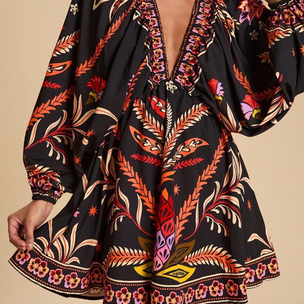 Multicolor Boho Women's Casual  Plant Print Batwing Sleeves Mini Dress - Picture 2 of 7